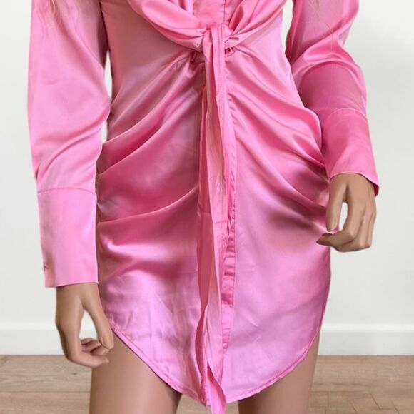 Pink Satin Deep Collar V Neck Tie Front Long Sleeve Mini Dress Small - Picture 3 of 11